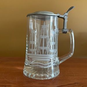 Vtg glass mug / stein / tankard etched Clipper ship and pewter lid / nautical